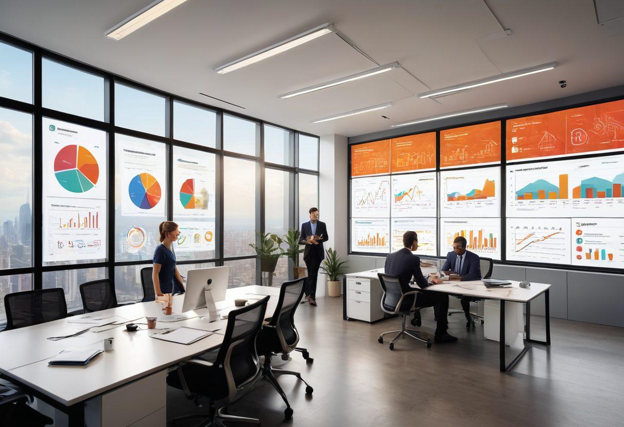 A modern office environment with a diverse team engaged in a brainstorming session, surrounded by charts and graphs related to risk management. Highlight safety protocols on whiteboards and display relevant insurance documents nearby. Incorporate visual symbols of protection like a shield or lock. The atmosphere is collaborative and proactive, with a background showcasing a cityscape through large windows. super-realistic. vibrant colors. airy light.