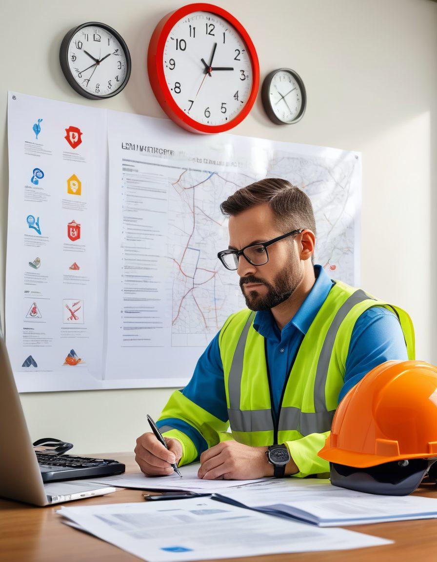 A person confidently reviewing insurance documents while sitting at a desk filled with safety gear like helmets and reflective vests. In the background, a large wall clock symbolizes the importance of timely decision-making. Surround the scene with icons representing different coverage options like house, car, and health symbols, highlighting risk mitigation strategies. The atmosphere conveys a sense of security and preparedness. super-realistic. vibrant colors. white background.