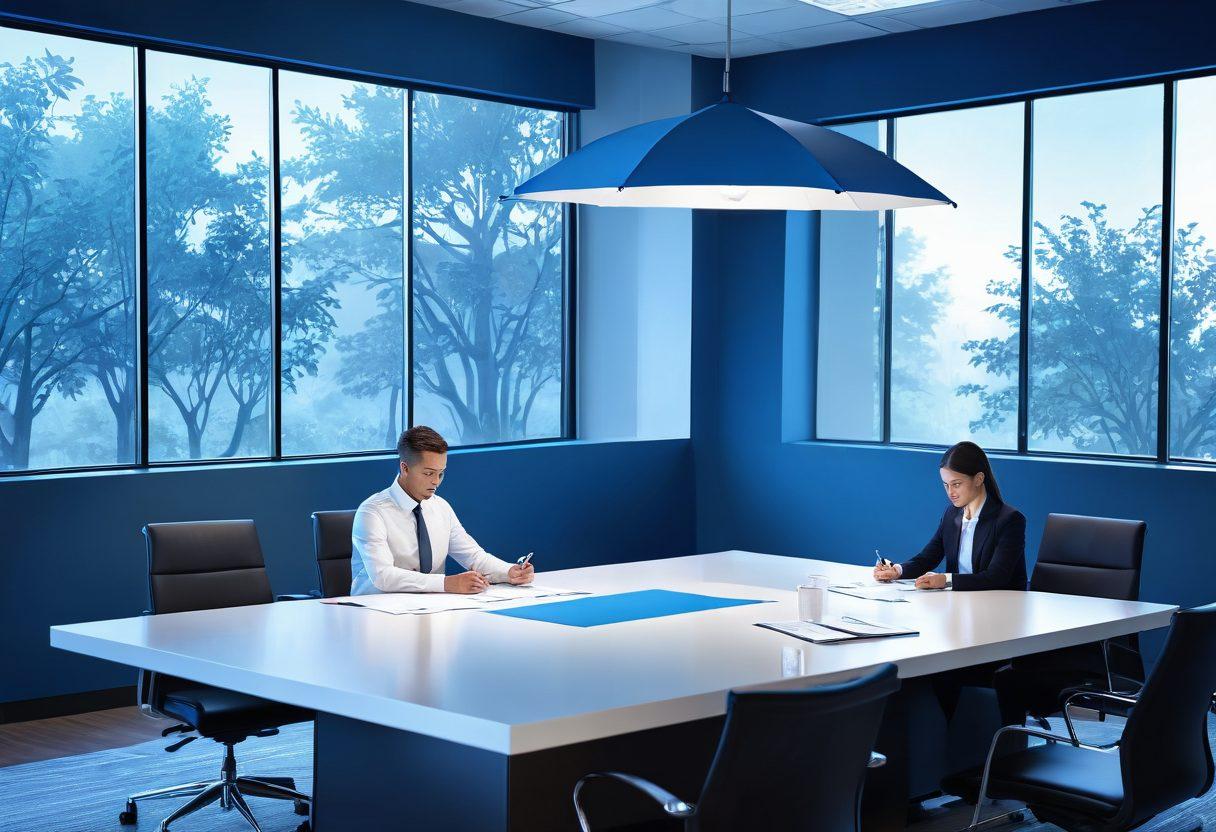A serene scene illustrating a helpful advisor guiding a diverse group of people through a detailed insurance policy document, with visual elements highlighting benefits and coverage. The background features calming blue tones and symbols of security like shields and umbrellas. Include modern office elements and friendly expressions to evoke trust and peace of mind. illustrative style. vibrant colors. soft focus.